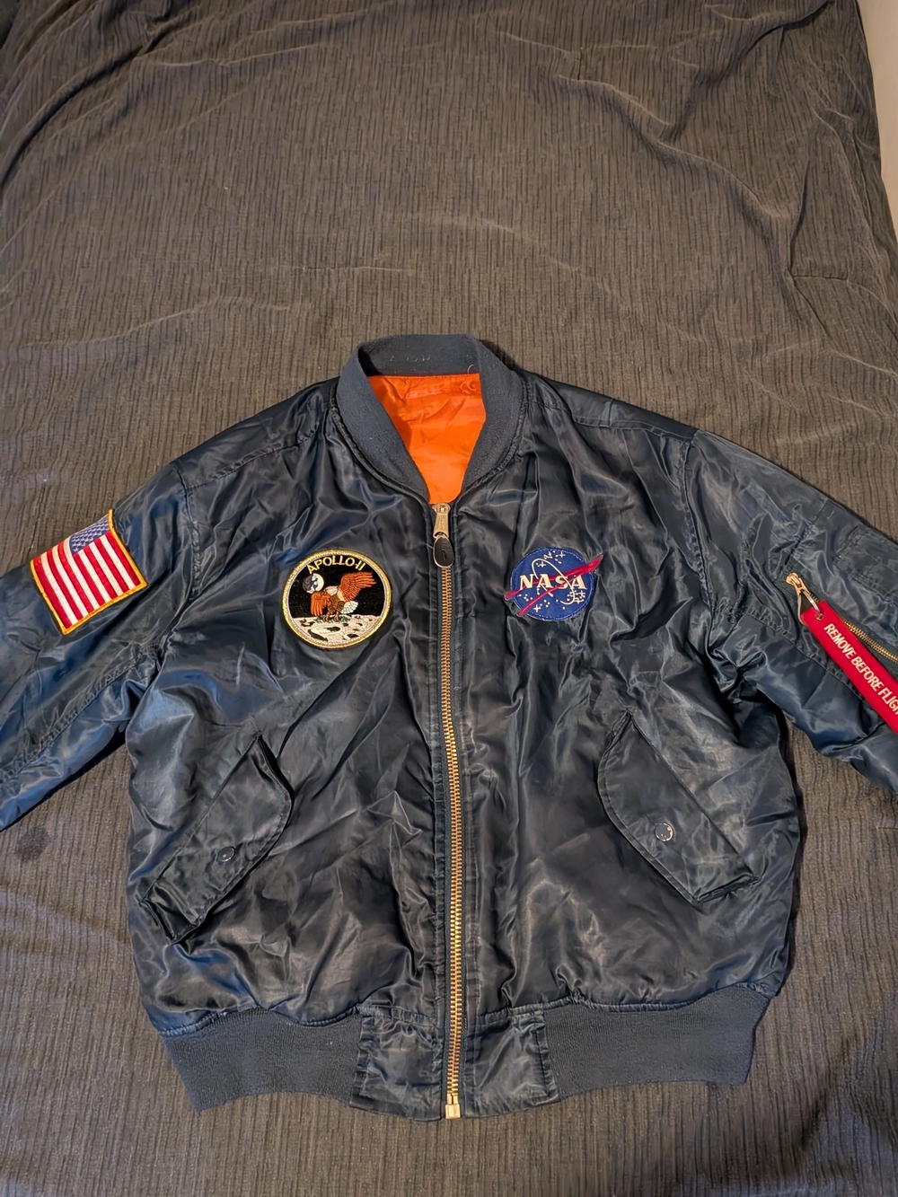 NASA MA-1 Bomber Jacket Apollo 11 Patch Orange Lining Flight Jacket Mens